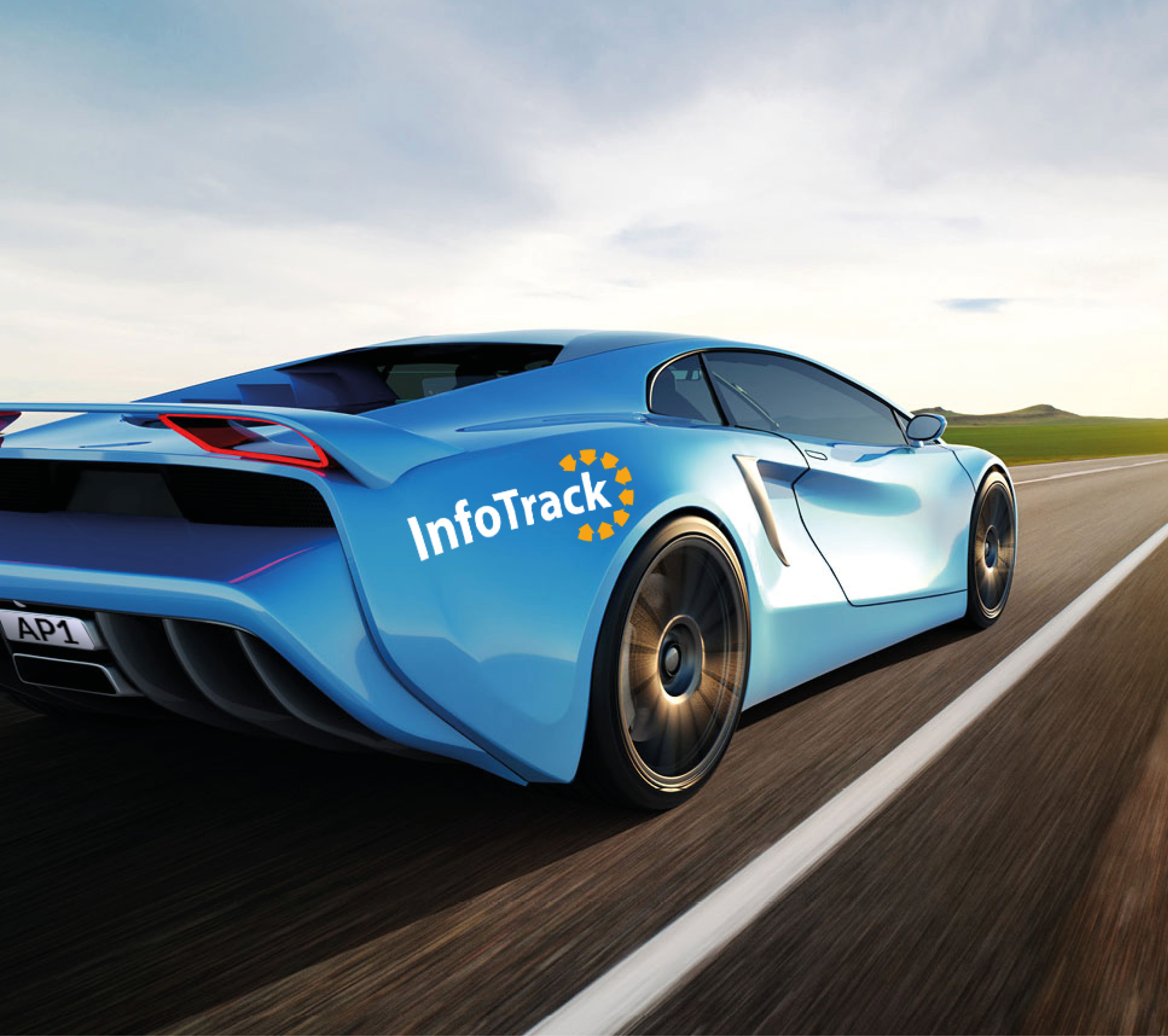 blue high performance sports car travelling down road at speed